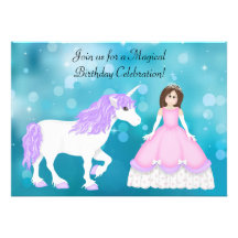 Brunette Princess and Unicorn Birthday Invitation