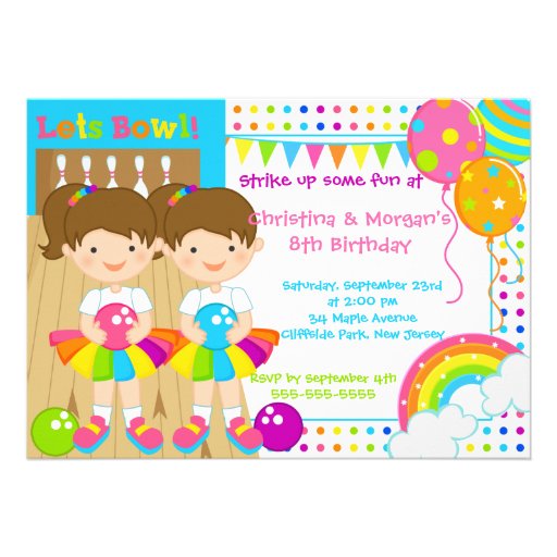 Brunette Twins Girl Bowling Birthday Party Custom Invitation