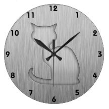 Brushed Metal look Cat Round Wallclock