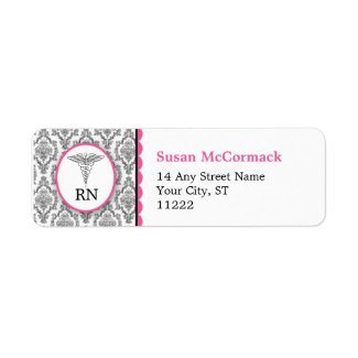 RN Damask Caduceus Black Hot pink Custom Address Label