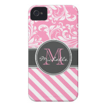 Bubblegum Pink and White Damask with stripes iPhone 4 Case-Mate Case