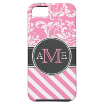 Bubblegum Pink and White Damask with stripes iPhone 5 Case
