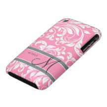 Bubblegum Pink and white floral damask w/ monogram iPhone 3 Covers