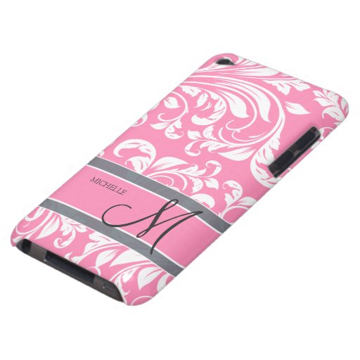 Bubblegum Pink and white floral damask w/ monogram Case-Mate iPod Touch Case