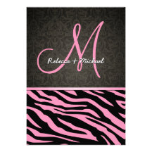 Bubblegum Pink & Black Zebra Stripes with damask Personalized Announcements