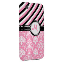 Bubblegum Pink Damask with stripes & monogram