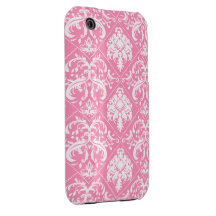 Bubblegum Pink & white vintage damask iPhone 3 Covers