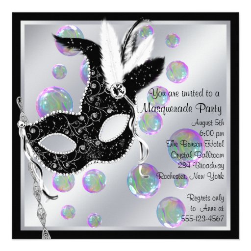 Bubbles Black and White Masquerade Party Personalized Announcements