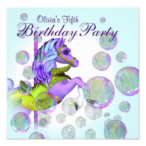 Bubbles Purple Carousel Pony Girls Birthday Party Personalized Announcement