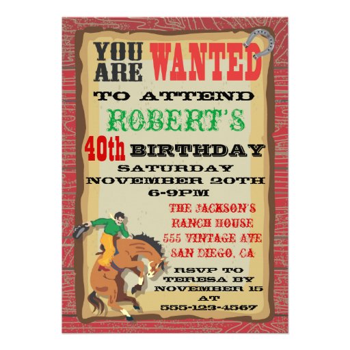 Bucking Bronco Cowboy Birthday Party Poster Custom Invitations (front side)
