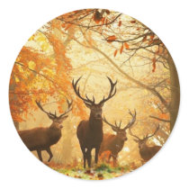 Bucks with Antlers Running Through Autumn Forest Round Sticker