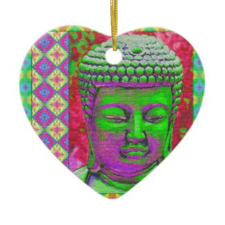 Buddha Pop with Patchwork Borders in Green and Red Ornament
