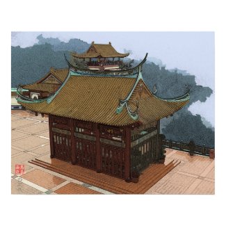 Buddhist Temple Poster in Woodblock Print Style