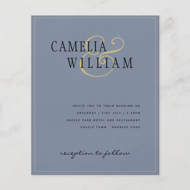 BUDGET Classic Dusty Blue Gold Wedding Invite Flyer Zazzle