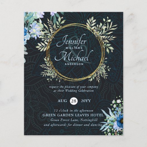 BUDGET Dusty Blue Gold Floral Wedding Invite Zazzle