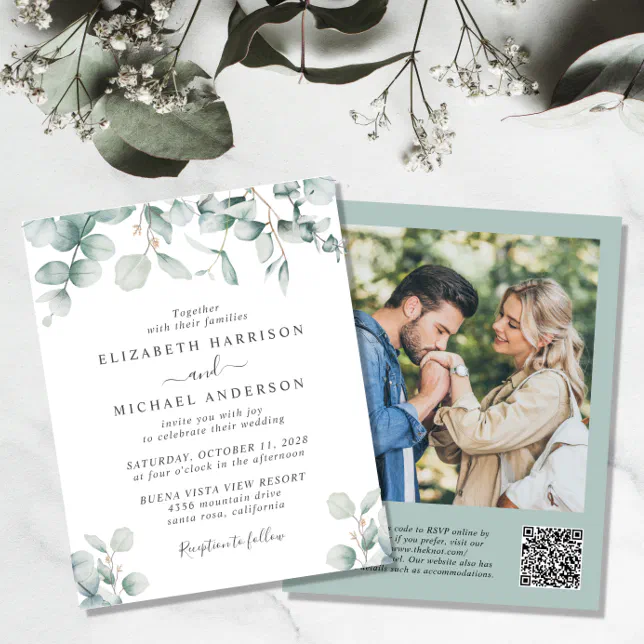 Budget Eucalyptus QR Code Photo Wedding Invitation Zazzle