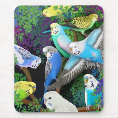 Budgie Parakeets and Ferns Mousepad by twopurringcats