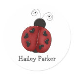 round_sticker - Buggin' You Again - country critters for the garden lover. Cute and whimsical ladybug with heart-shaped dots and curly antennae. Created using artwork by Country Life Graphics.: Sizes  Available colors: 0