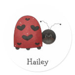 round_sticker - Buggin' You too - country critters for the garden lover. A whimsical and smiling red ladybug with heart-shaped black dots. Created using artwork by Country Life Graphics.: Sizes  Available colors: 0