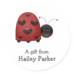round_sticker - Buggin' You too - country critters for the garden lover. A whimsical and smiling red ladybug with heart-shaped black dots. Created using artwork by Country Life Graphics.: Sizes  Available colors: 0