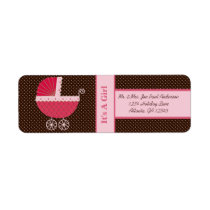 Buggy New Baby It's A  Girl Brown & Pink Dots Return Address Labels