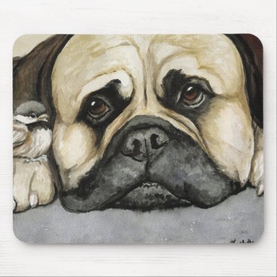 "Bull Mastiff and Baby Bird" Mouse Pad by CharlottesWebArt