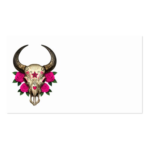 Bull Sugar Skull with Pink Roses Business Card Template (front side)