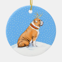 Bulldog Christmas Reindeer Red & White ornaments