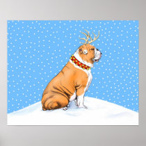 Bulldog Christmas Reindeer Red & White Posters