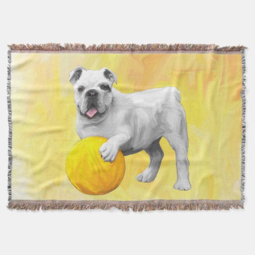 Bulldog Playing with Ball Watercolor Art Painting Throw Blanket