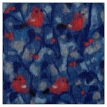 Bullfinches, fiberart, red birds in the blue trees fabric