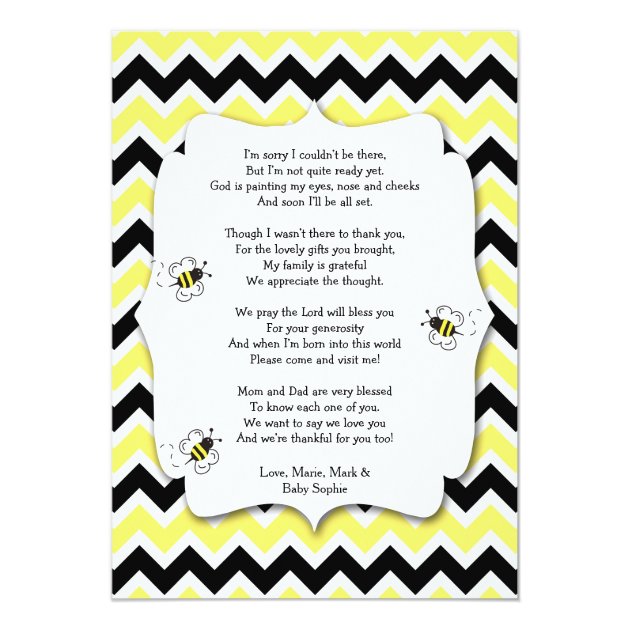 Bumble Bee Baby Shower Thank You Note with poem Card
