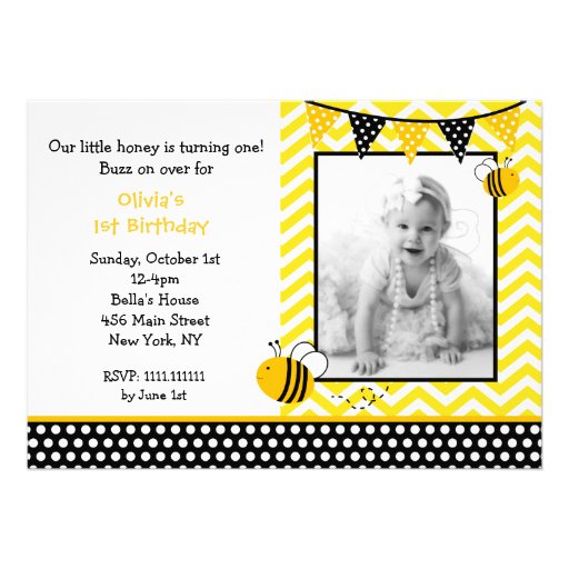 Bumble Bee Photo Birthday Party Invitations (front side)