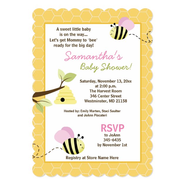 Bumble Bee Pink Wings Die Cut Baby Shower Invite (front side)