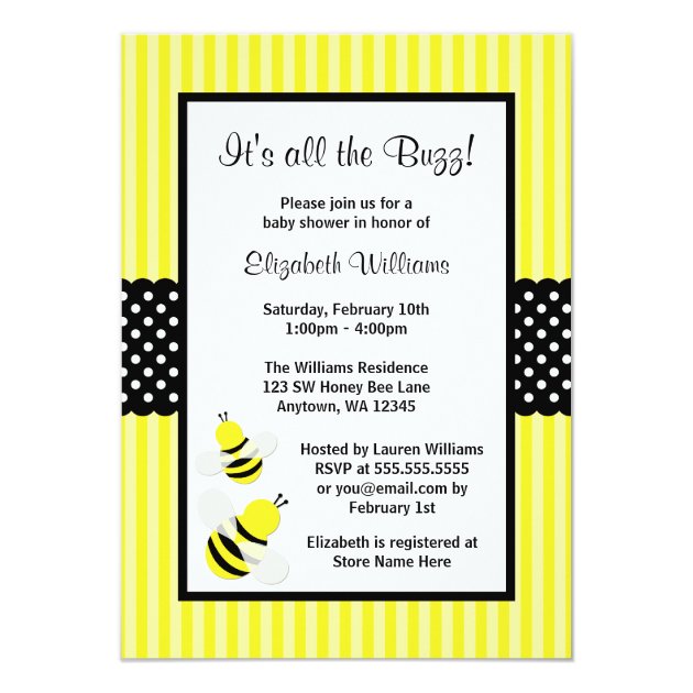 Bumble Bee Striped Dots Baby Shower Invitations (front side)
