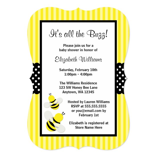 Bumble Bee Striped Dots Baby Shower Invitations (front side)