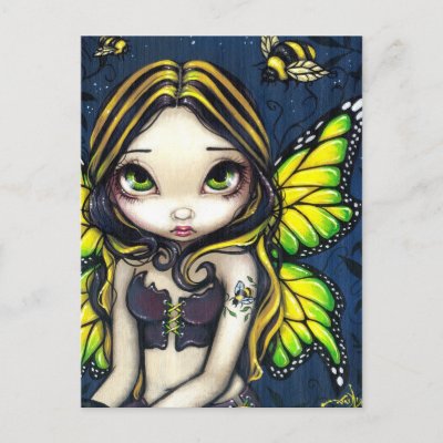 A cute fairy with several bumblebees, and a bumble bee tattoo.