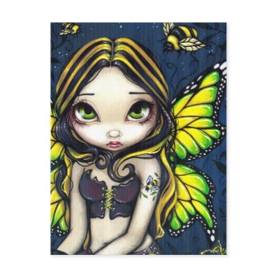 A cute fairy with several bumblebees, and a bumble bee tattoo.