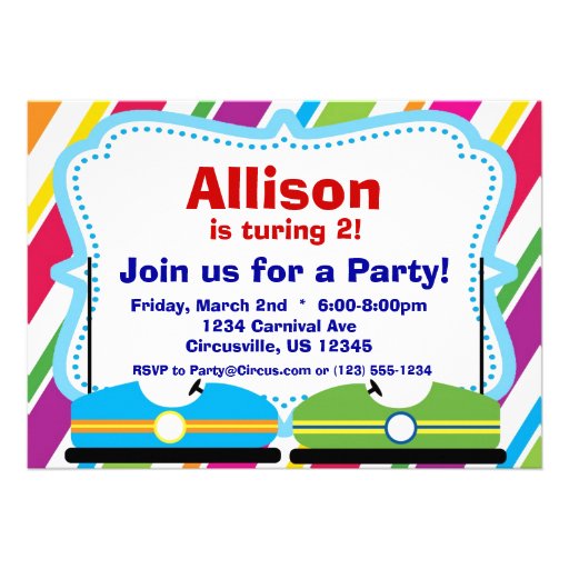 Bumper Cars, Carnival Circus Birthday Party Invitations