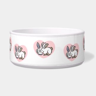 bunnies in pink heart pet bowl