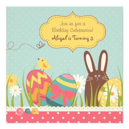 Bunny and Easter Eggs Birthday Invitation ~ Girls (front side)