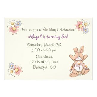 Bunny and Flowers Birthday Invitations for Girls