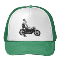 bunny, biker, funny, motorcycle, cool, humor, 80s, vintage, irish, moto, animals, bike, humorous, cap, hat, Trucker Hat with custom graphic design