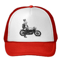 bunny, biker, funny, motorcycle, cool, bike, humor, 70s, vintage, trucker hat, irish, moto, animals, humorous, hat, cap, Trucker Hat with custom graphic design