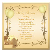 Bunny, Crib & Balloons Gold & Yellow Baby Shower Custom Invite