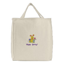 Bunny Flowers, Happy Spring! Embroidered Tote Bags
