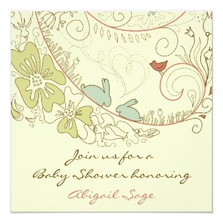 Bunny Rabbits and Flowers Neutral Baby Shower Invitation