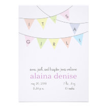 Bunting baby girl birth announcement invitations