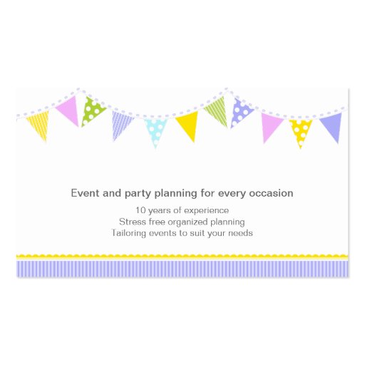 Bunting party event planning purple business cards (back side)