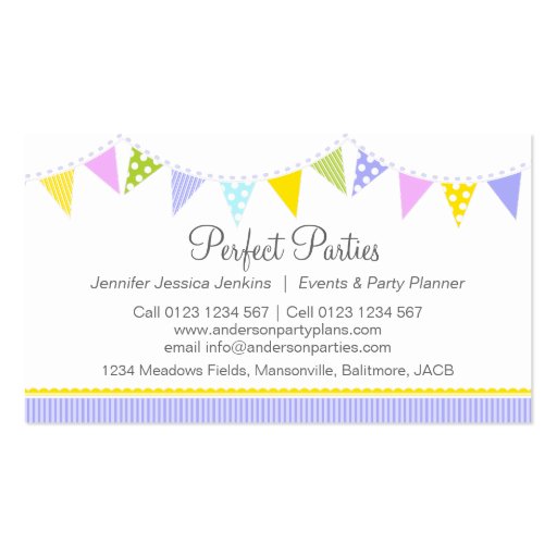 Bunting party event planning purple business cards (front side)